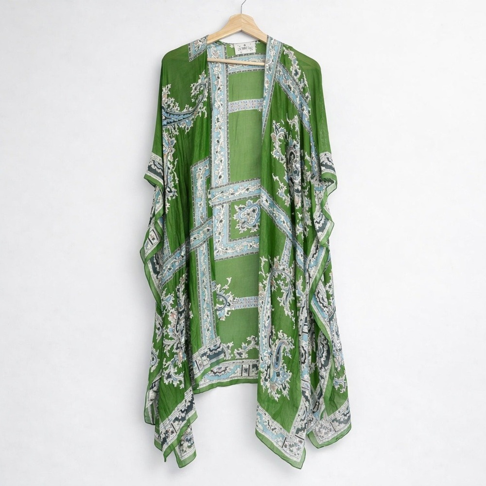 One Hundred Stars Green Paisley Kimono Wrap Viscose Modal Boho Duster OS